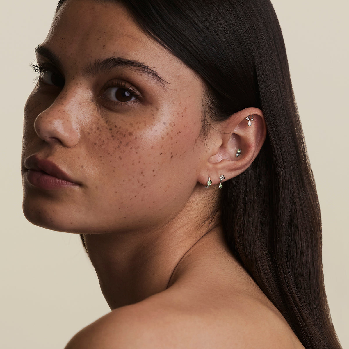 Diamond & Green Sapphire Cluster Piercing Stud in Solid White Gold-Astrid & Miyu