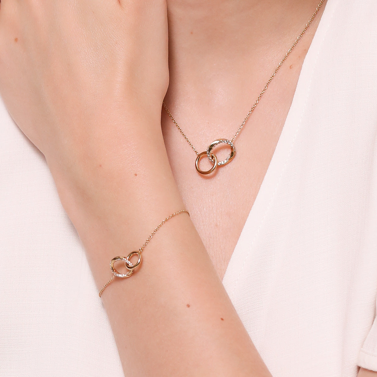 Orbit Crystal Chain Necklace in Gold worn with Orbit Crystal Chain Bracelet