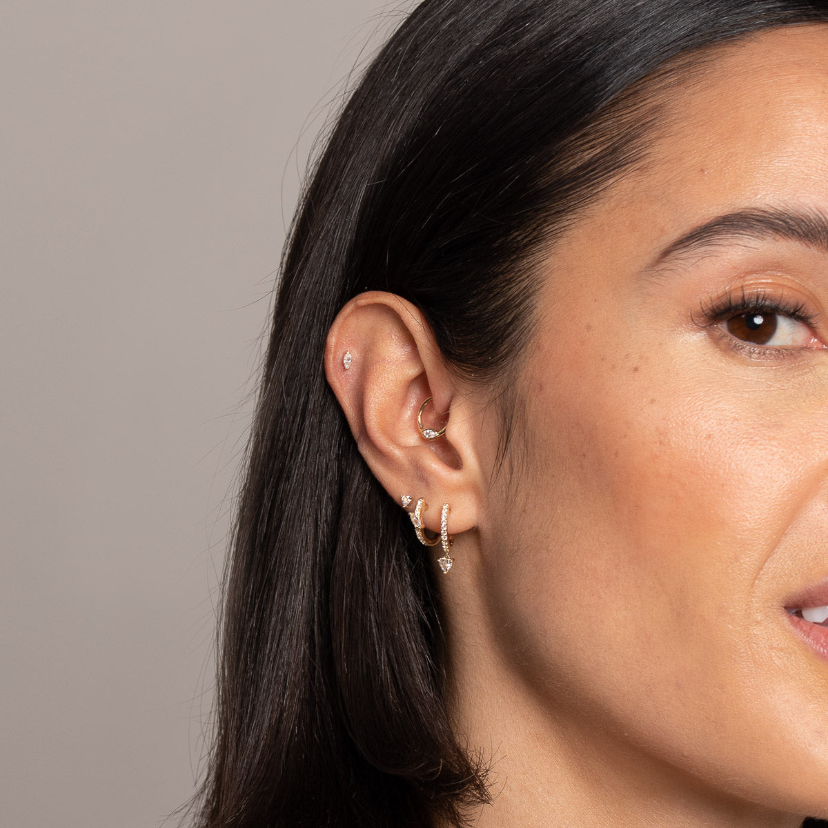 Earrings - Heart Gem Drop Piercing Hoop in Solid Gold - Piercing Hoop - Astrid & Miyu