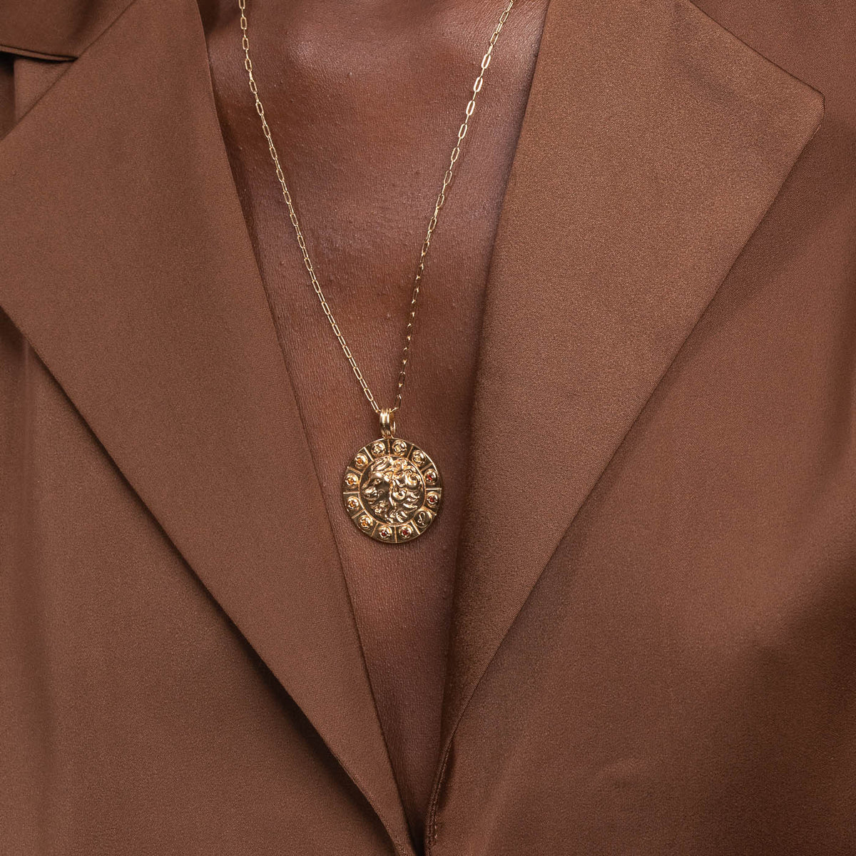 Aries Bold Zodiac Pendant Necklace in gold worn