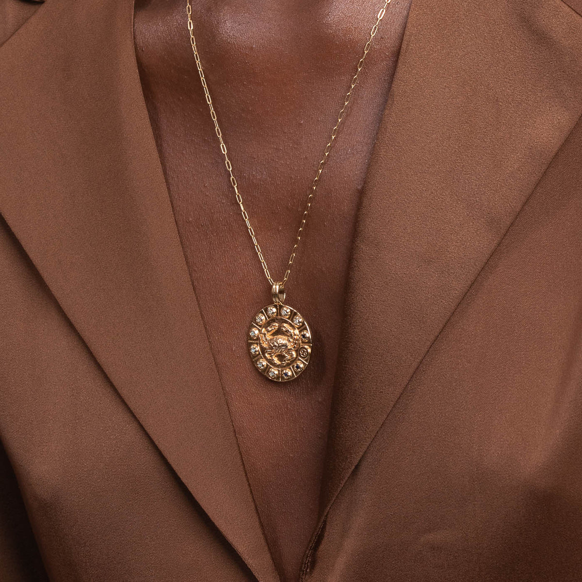 Cancer Bold Zodiac Pendant Necklace in Gold worn