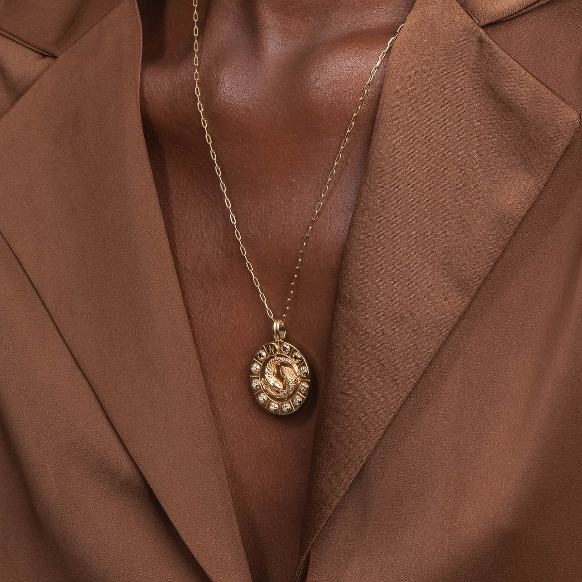 Pisces Bold Zodiac Pendant Necklace in Gold worn