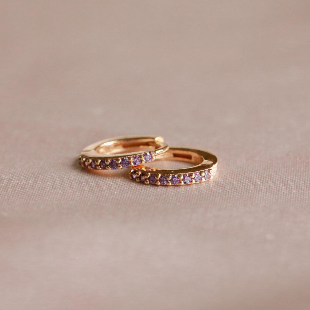 18k Gold Plated Jewellery - February Birthstone Huggies in Gold with Amethyst CZ - Huggies - Astrid & Miyu