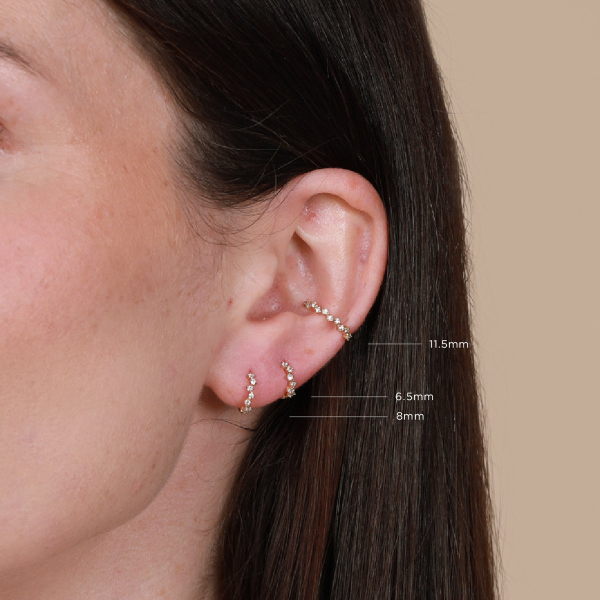 Cluster Hoops 6.5mm, 8mm & 11.5mm in Gold worn