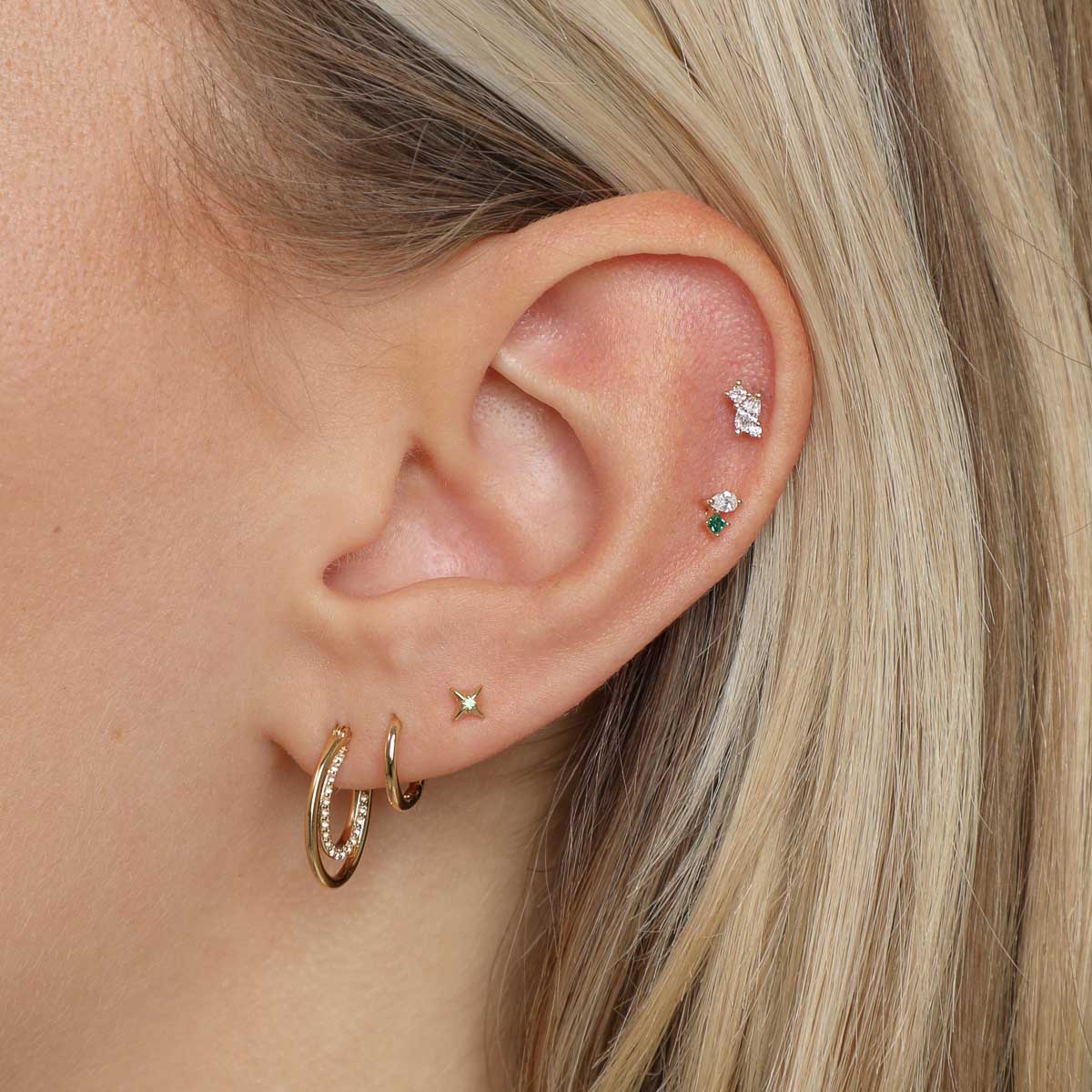 Diamond & Emerald Pear Piercing Stud in Solid Gold-Astrid &amp; Miyu
