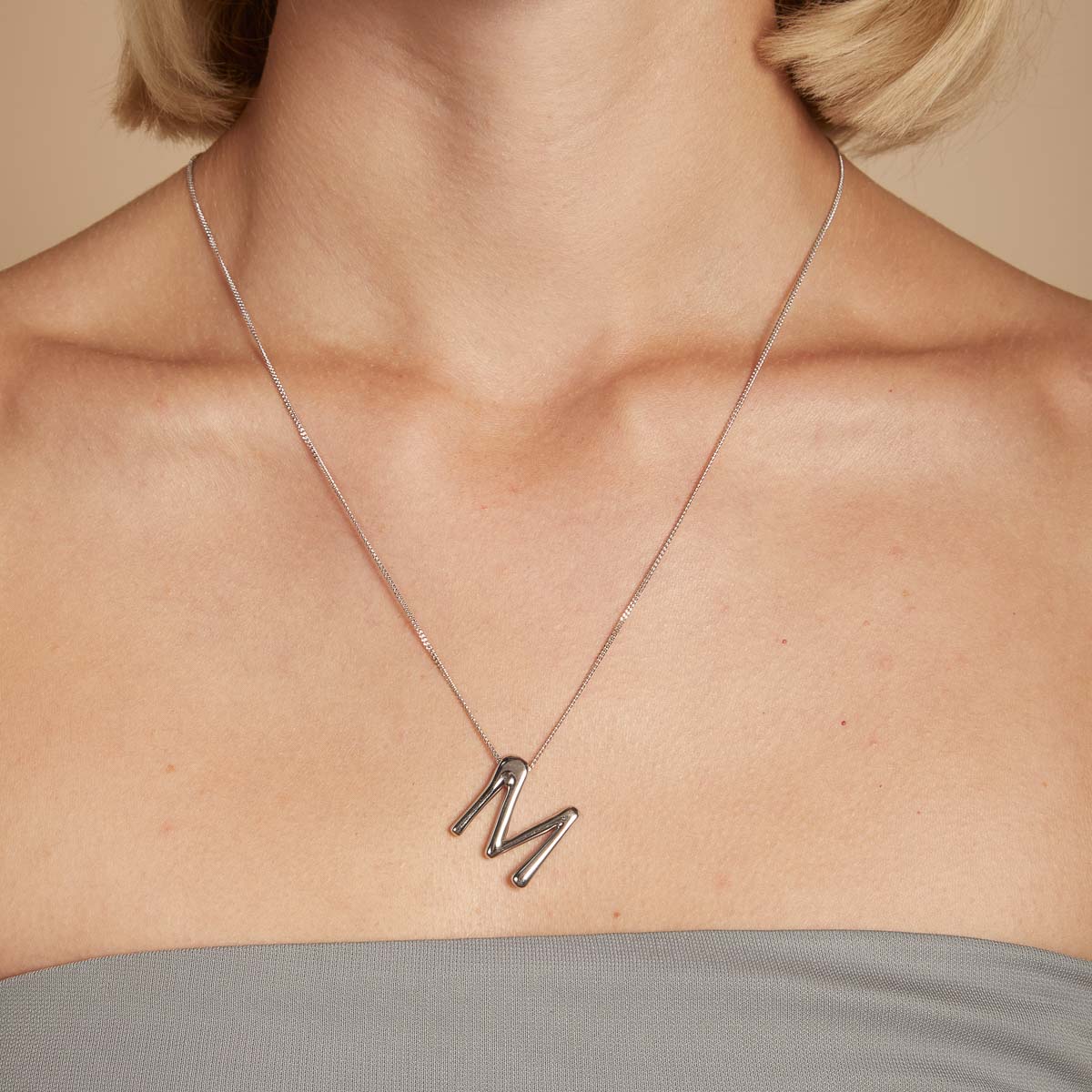 Initial Pendant Necklaces - M Initial Bold Pendant Necklace in Silver - Pendant Necklace - Astrid &amp; Miyu