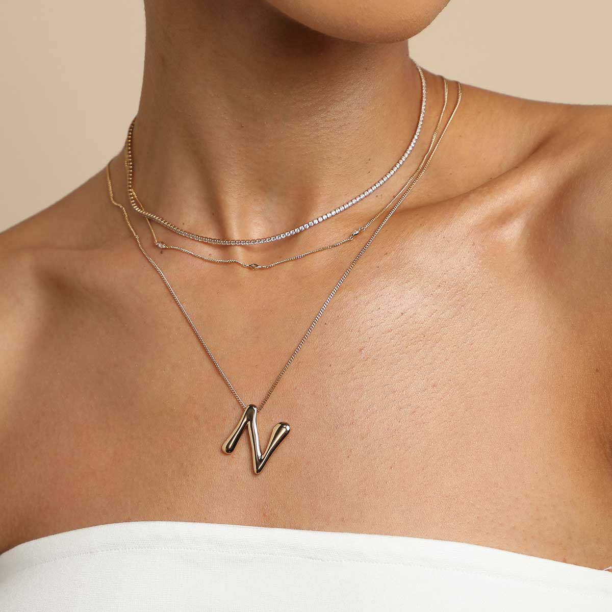 18k Gold Plated Jewellery - N Initial Bold Pendant Necklace in Gold - Pendant Necklace - Astrid &amp; Miyu