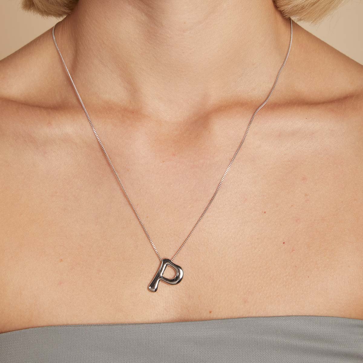 Necklaces & Bracelets - P Initial Bold Pendant Necklace in Silver - Pendant Necklace - Astrid &amp; Miyu