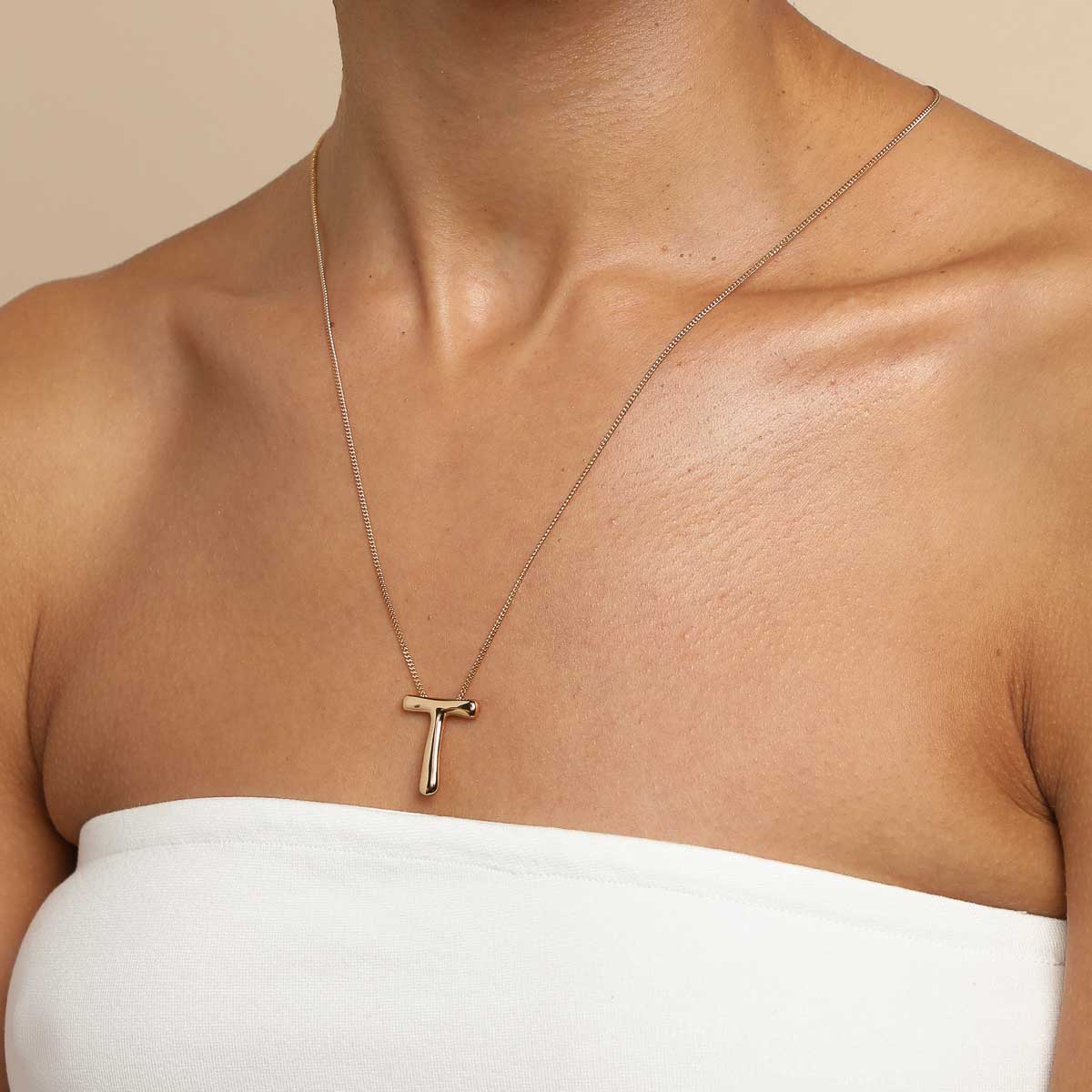 18k Gold Plated Jewellery - T Initial Bold Pendant Necklace in Gold - Pendant Necklace - Astrid &amp; Miyu