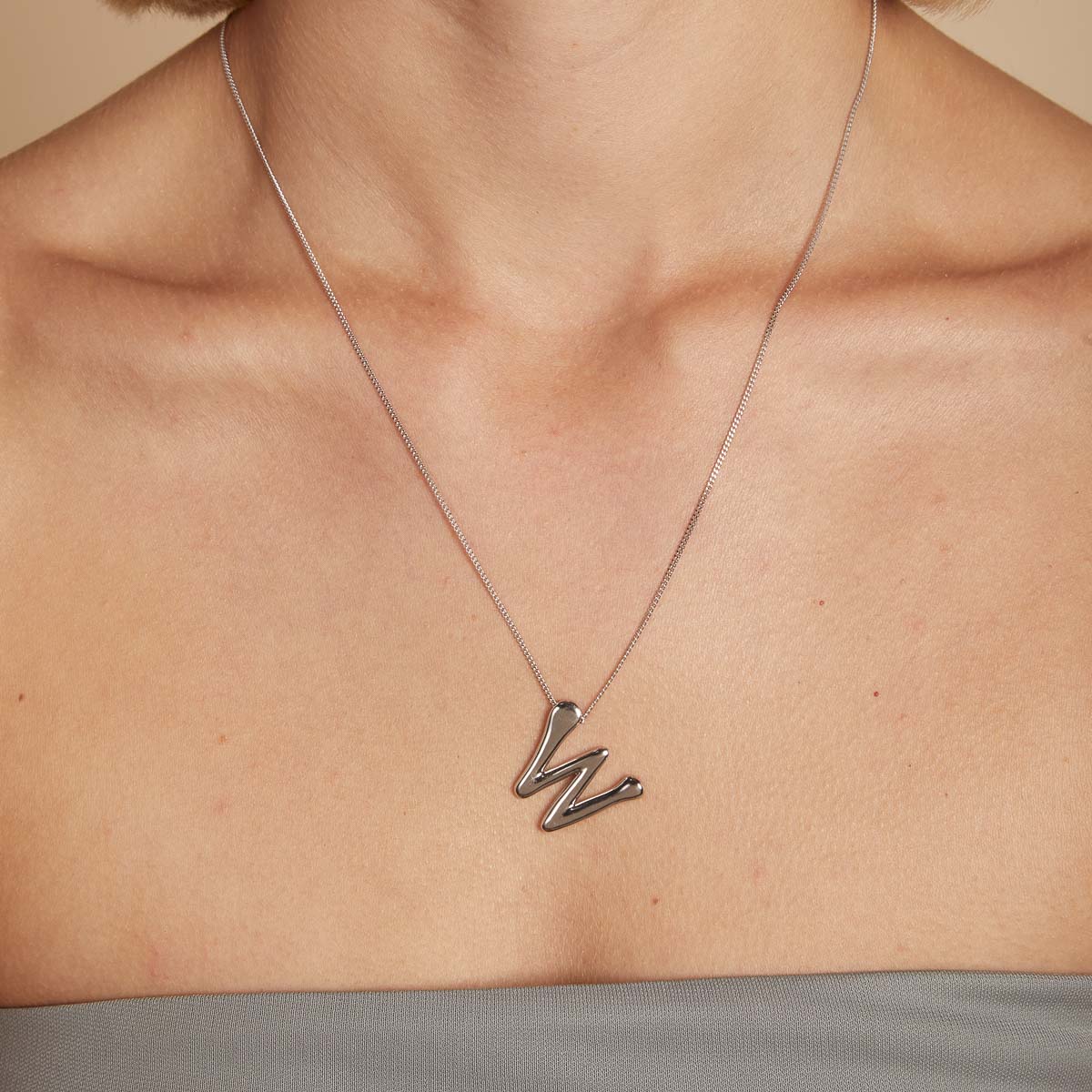 Necklaces & Bracelets - W Initial Bold Pendant Necklace in Silver - Pendant Necklace - Astrid &amp; Miyu