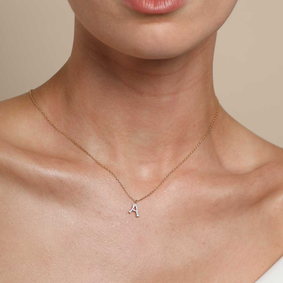 18k Gold Plated Jewellery - A Initial Pavé Pendant Necklace in Gold - Pendant Necklace - Astrid &amp; Miyu