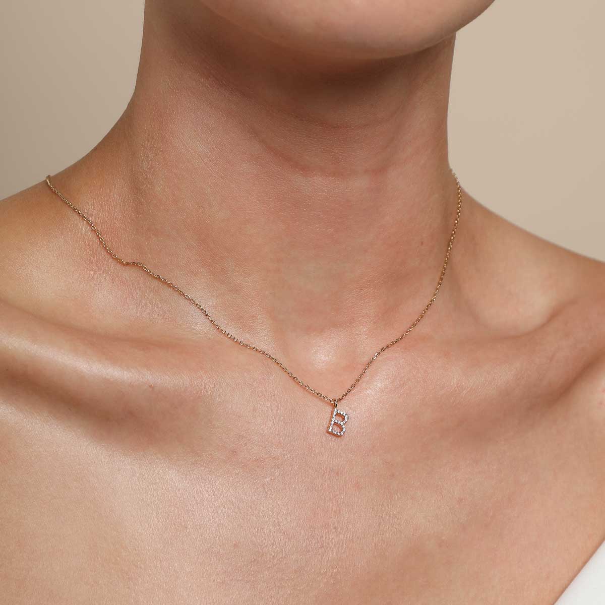 18k Gold Plated Jewellery - B Initial Pavé Pendant Necklace in Gold - Pendant Necklace - Astrid &amp; Miyu