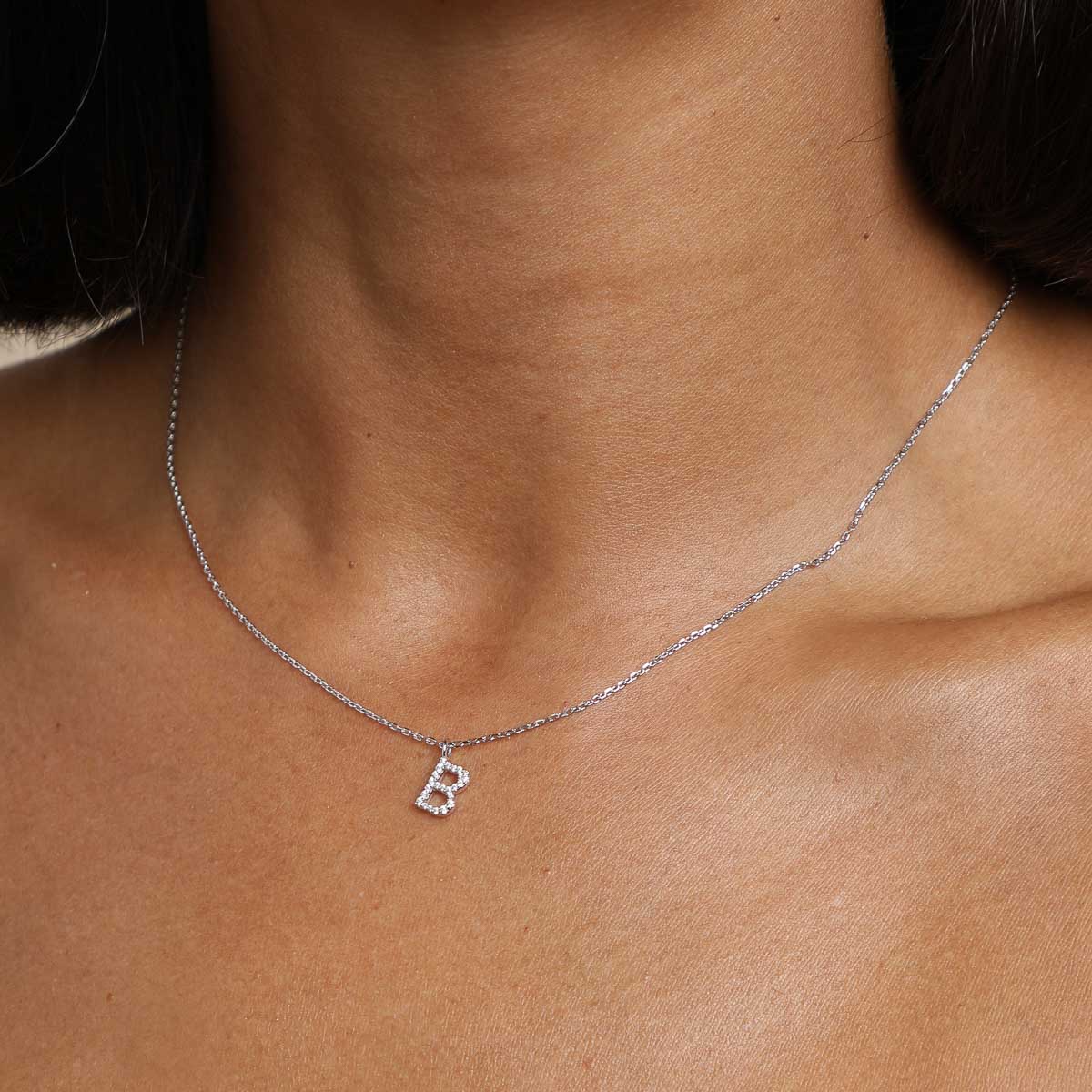 Gemstone Necklaces - B Initial Pavé Pendant Necklace in Silver - Pendant Necklace - Astrid &amp; Miyu