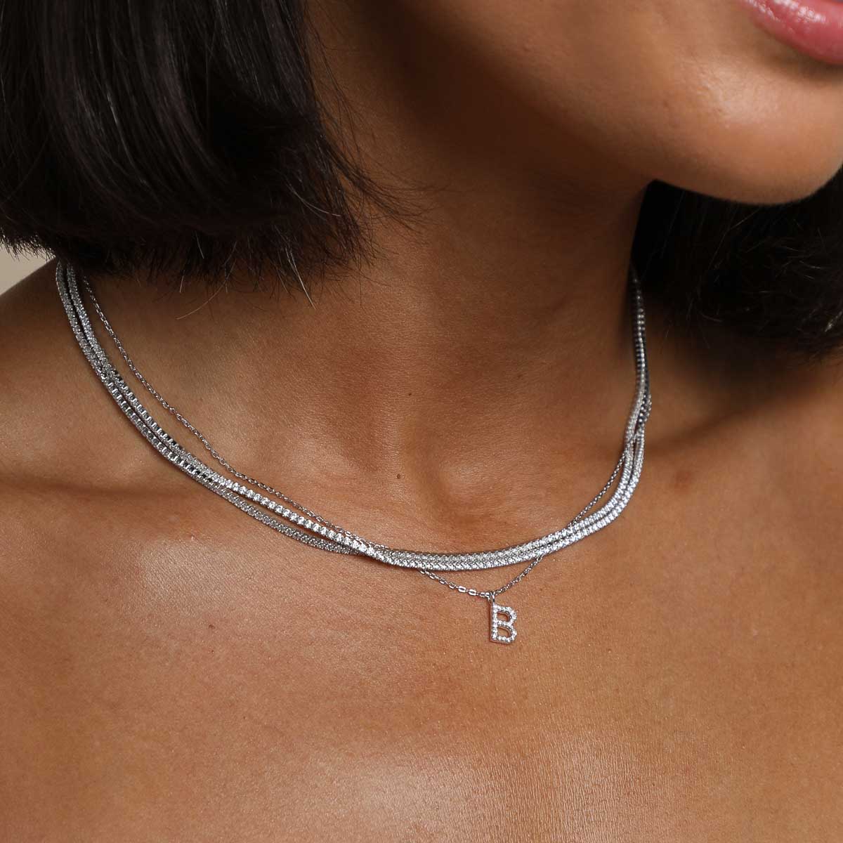 Gemstone Necklaces - B Initial Pavé Pendant Necklace in Silver - Pendant Necklace - Astrid &amp; Miyu