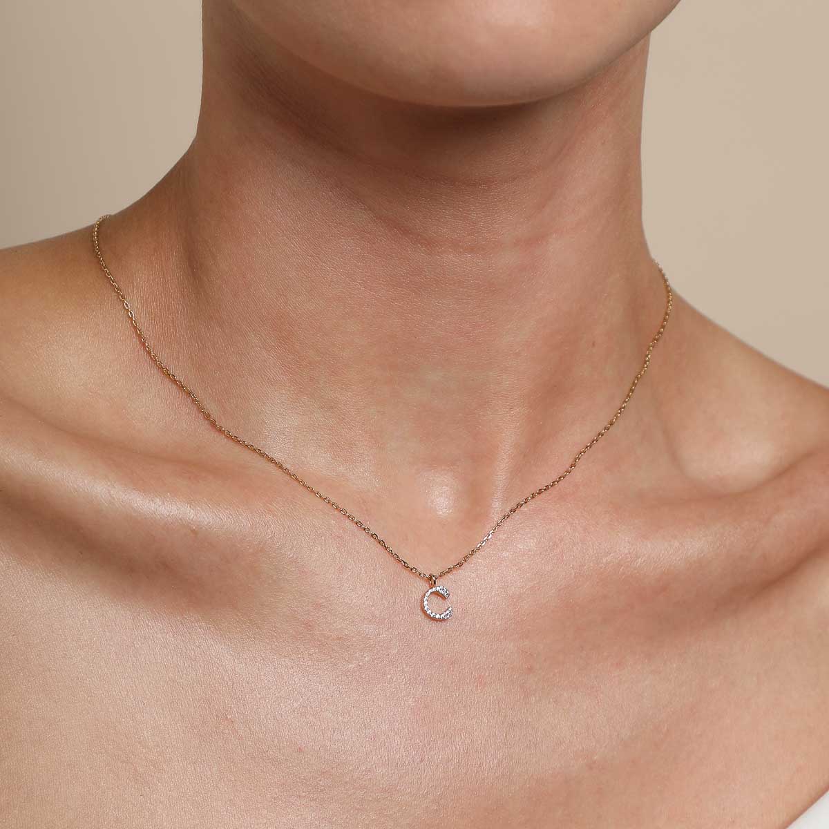 18k Gold Plated Jewellery - C Initial Pavé Pendant Necklace in Gold - Pendant Necklace - Astrid &amp; Miyu