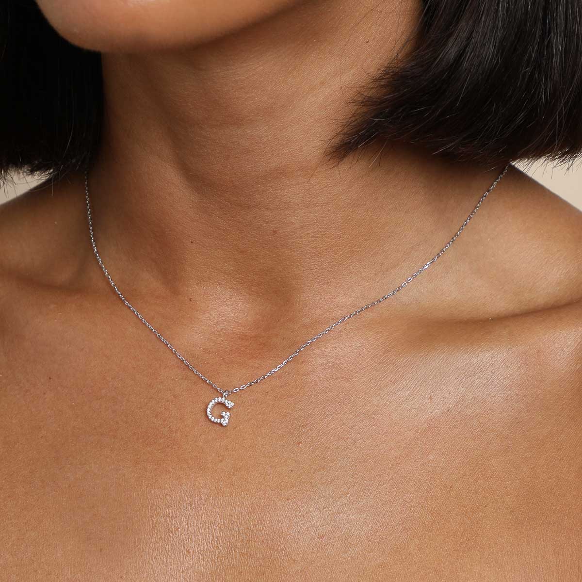 Gemstone Necklaces - G Initial Pavé Pendant Necklace in Silver - Pendant Necklace - Astrid &amp; Miyu