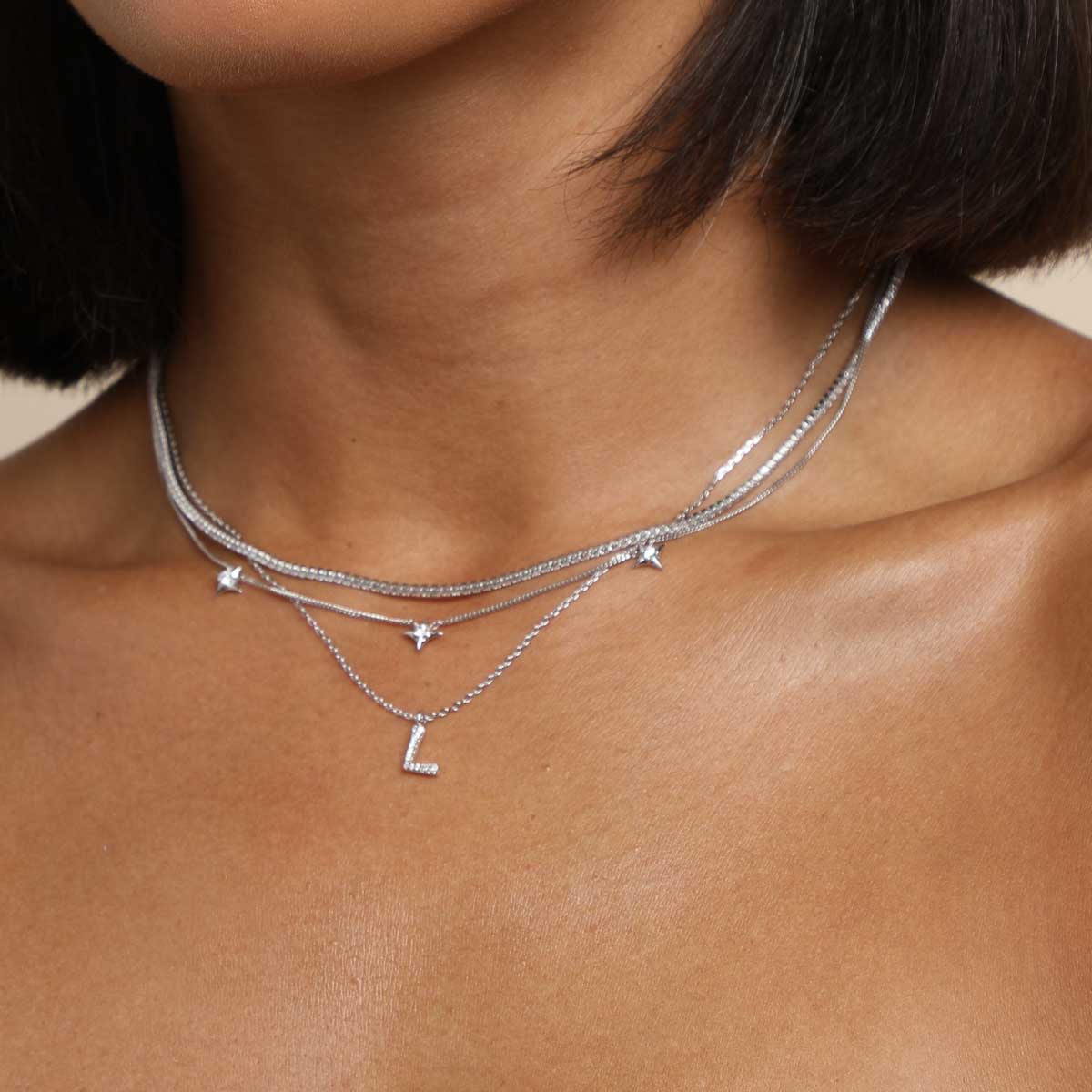 Gemstone Necklaces - L Initial Pavé Pendant Necklace in Silver - Pendant Necklace - Astrid &amp; Miyu