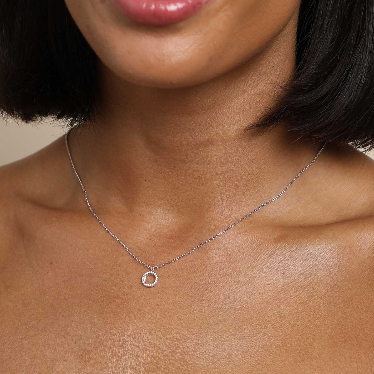 Gemstone Necklaces - O Initial Pavé Pendant Necklace in Silver - Pendant Necklace - Astrid &amp; Miyu