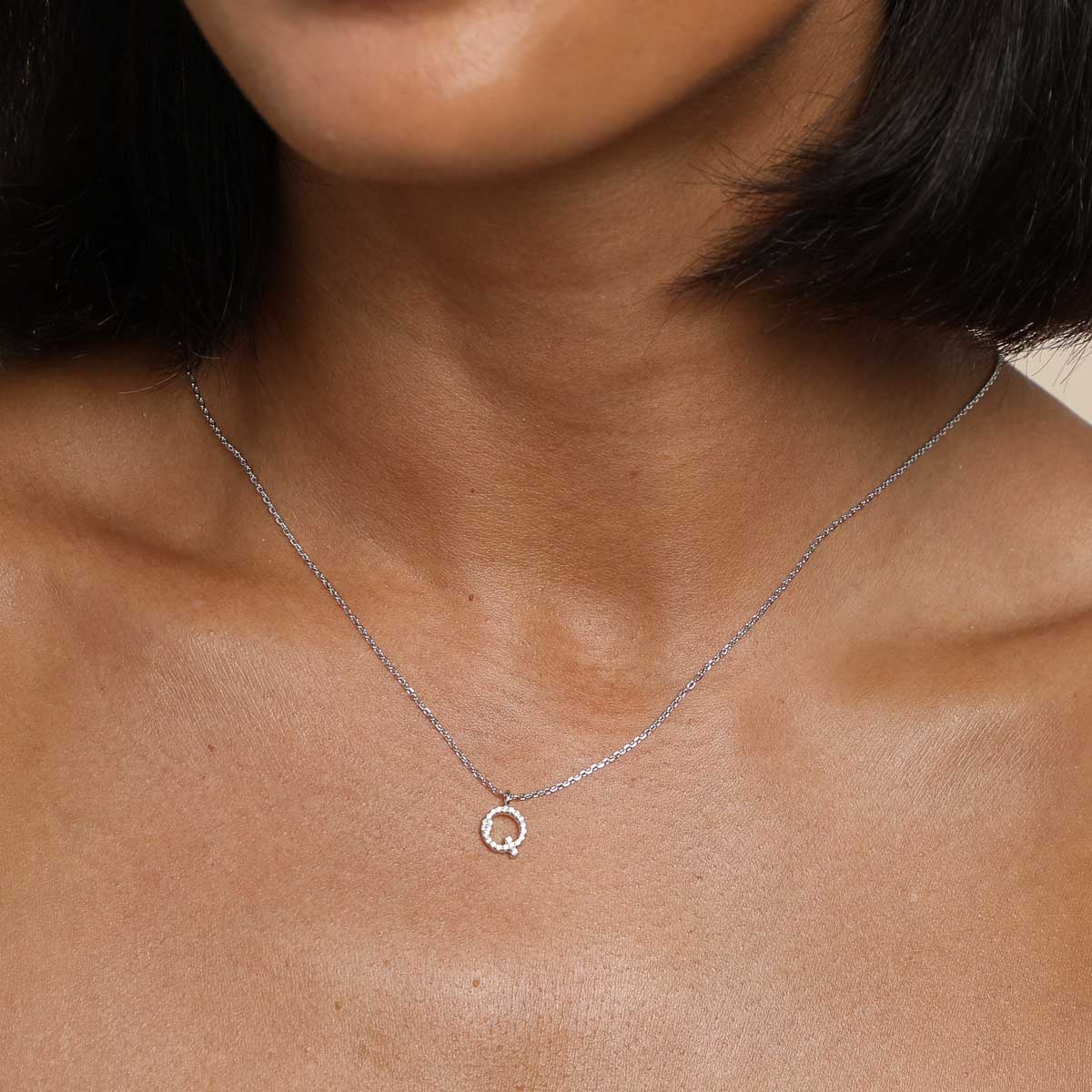 Gemstone Necklaces - Q Initial Pavé Pendant Necklace in Silver - Pendant Necklace - Astrid &amp; Miyu