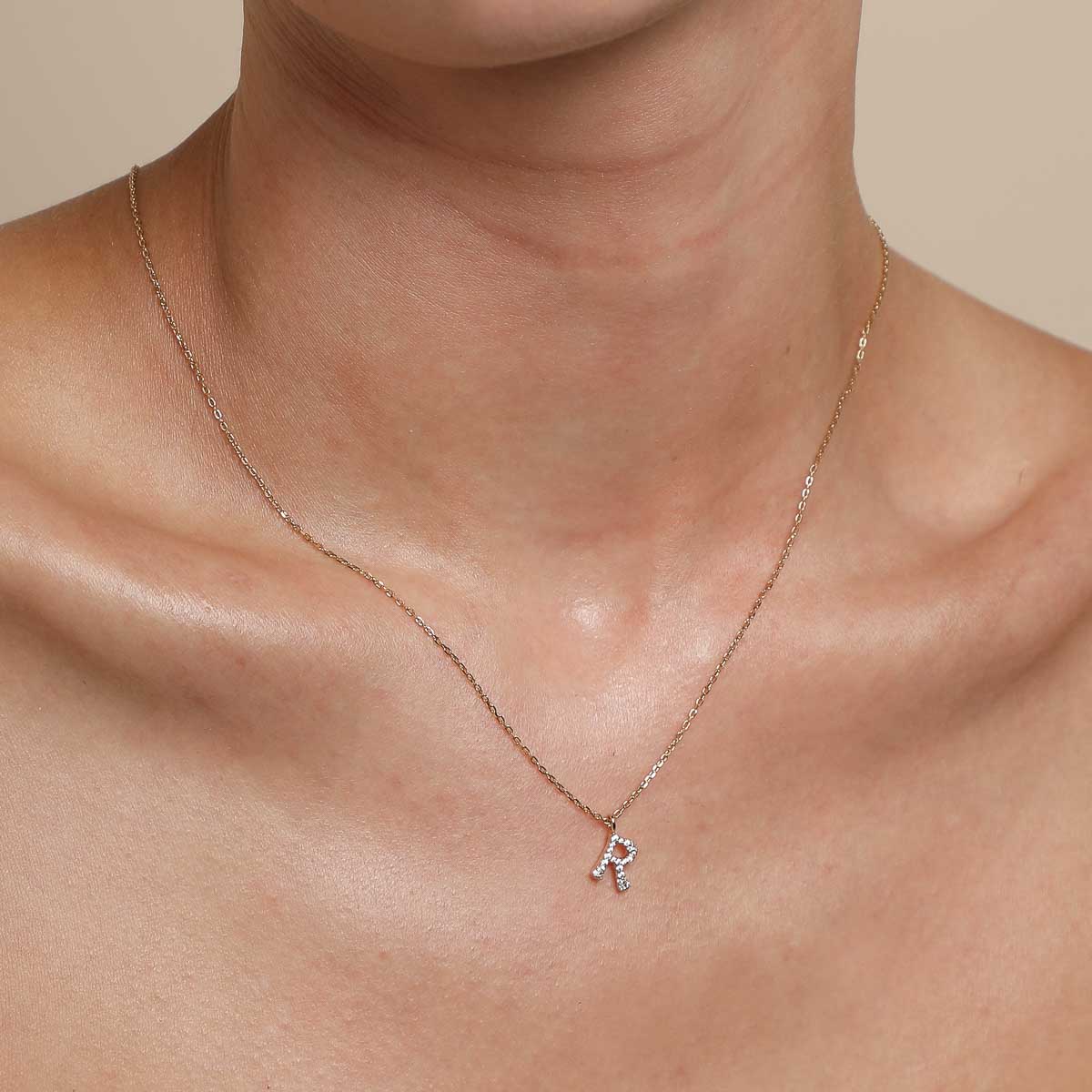 18k Gold Plated Jewellery - R Initial Pavé Pendant Necklace in Gold - Pendant Necklace - Astrid &amp; Miyu