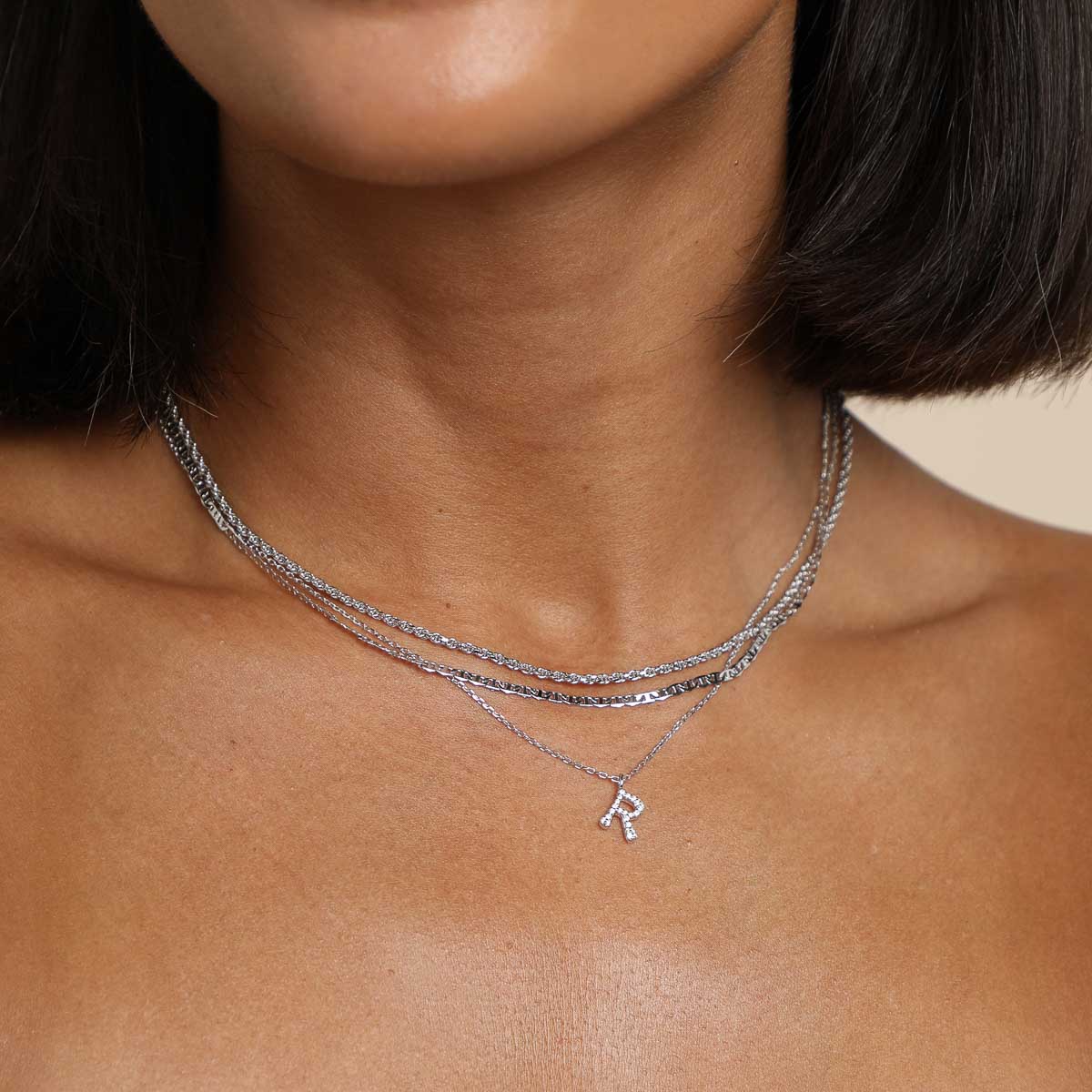 Gemstone Necklaces - R Initial Pavé Pendant Necklace in Silver - Pendant Necklace - Astrid &amp; Miyu