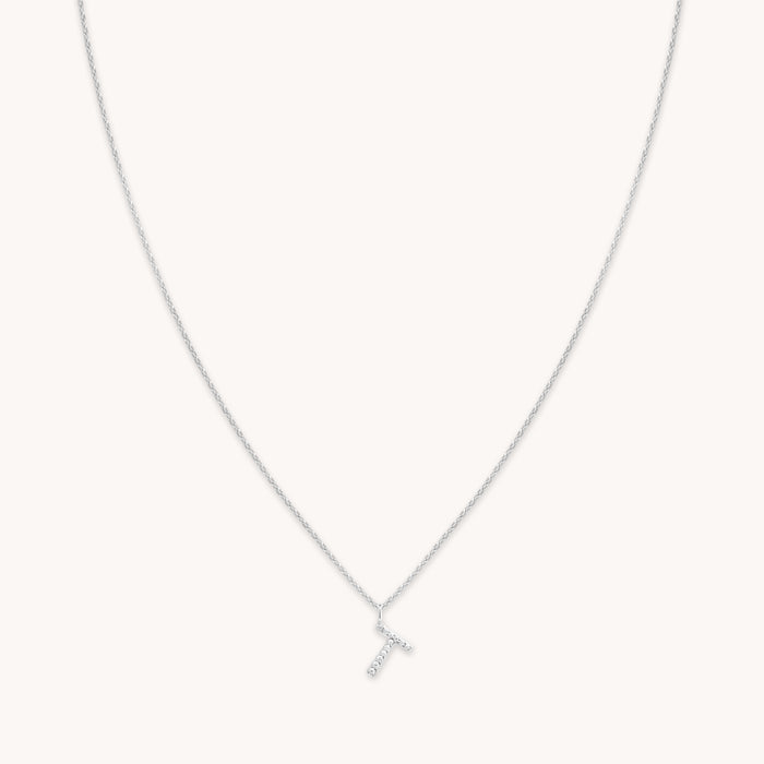 Gemstone Necklaces - T Initial Pavé Pendant Necklace in Silver - Pendant Necklace - Astrid &amp; Miyu