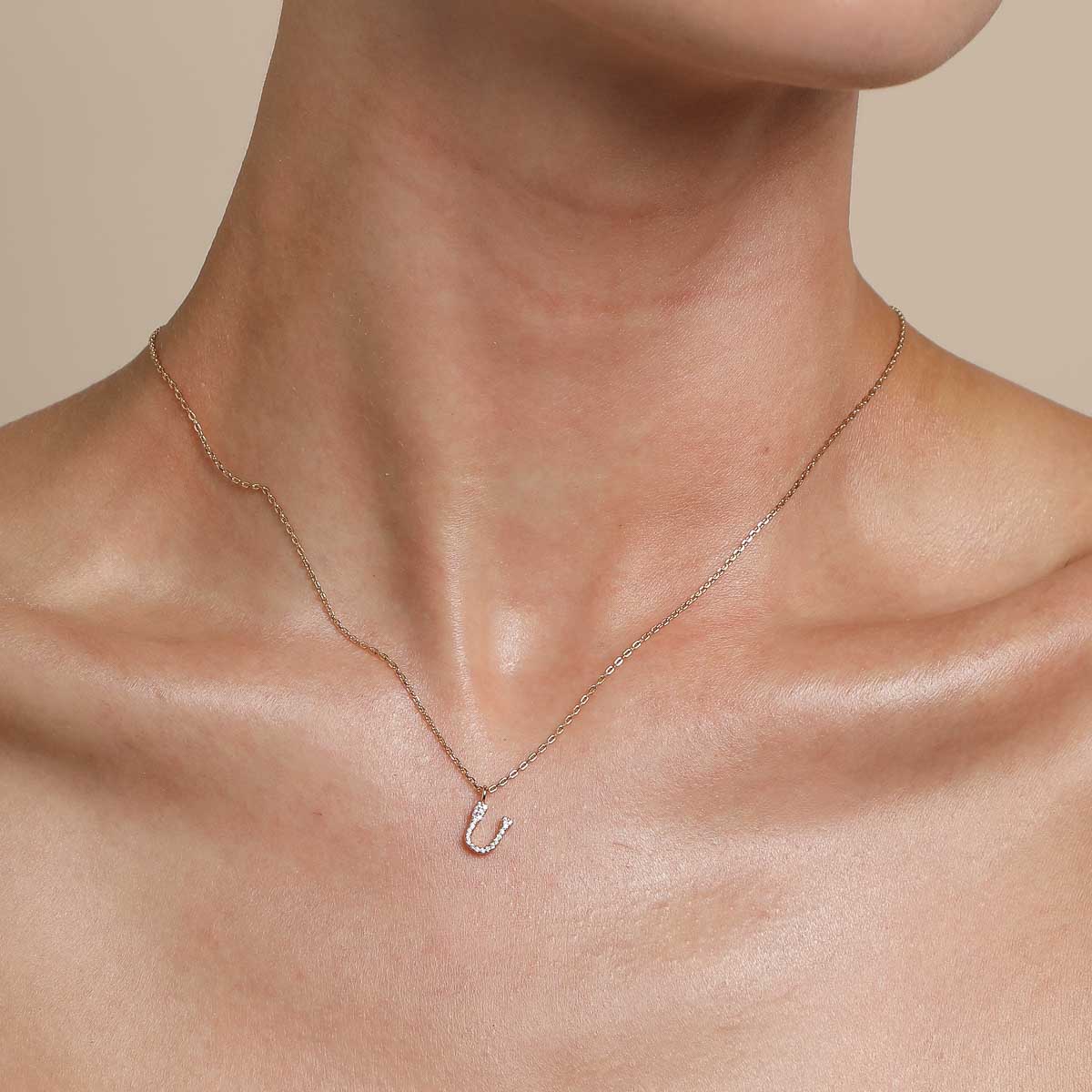 18k Gold Plated Jewellery - U Initial Pavé Pendant Necklace in Gold - Pendant Necklace - Astrid &amp; Miyu