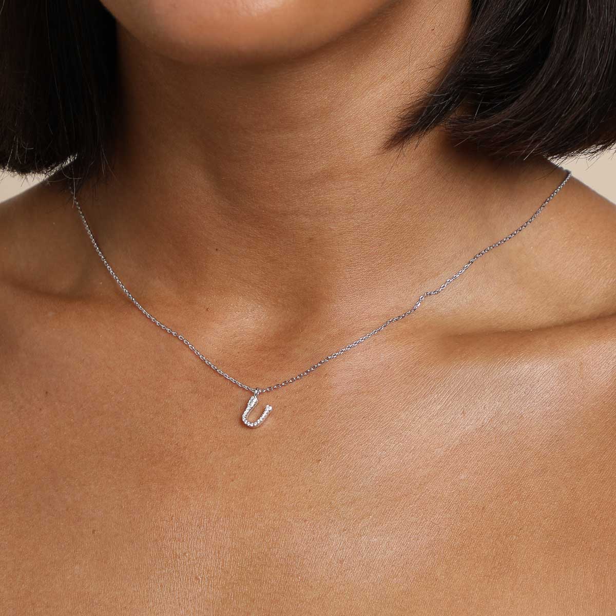 Gemstone Necklaces - U Initial Pavé Pendant Necklace in Silver - Pendant Necklace - Astrid &amp; Miyu