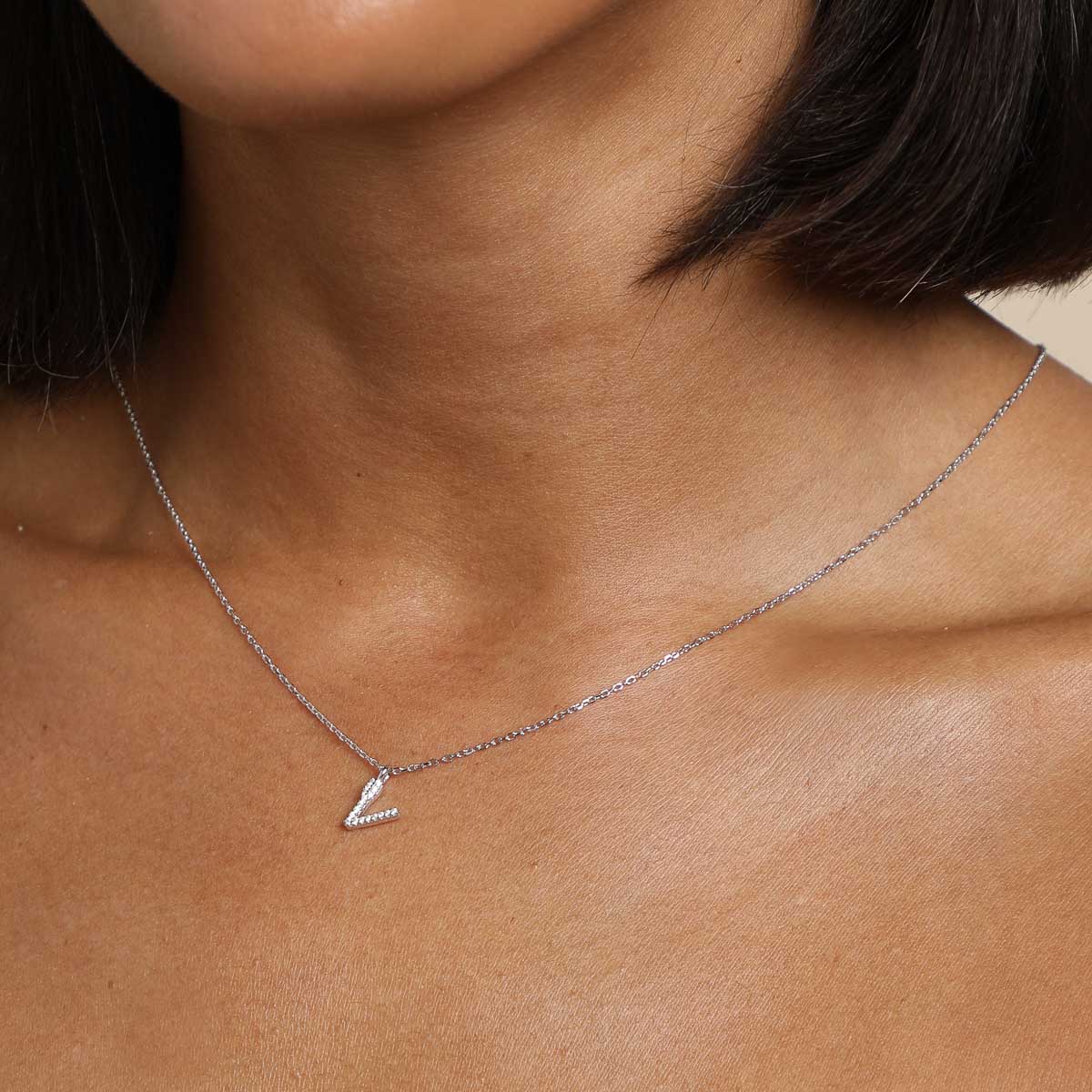Gemstone Necklaces - V Initial Pavé Pendant Necklace in Silver - Pendant Necklace - Astrid &amp; Miyu