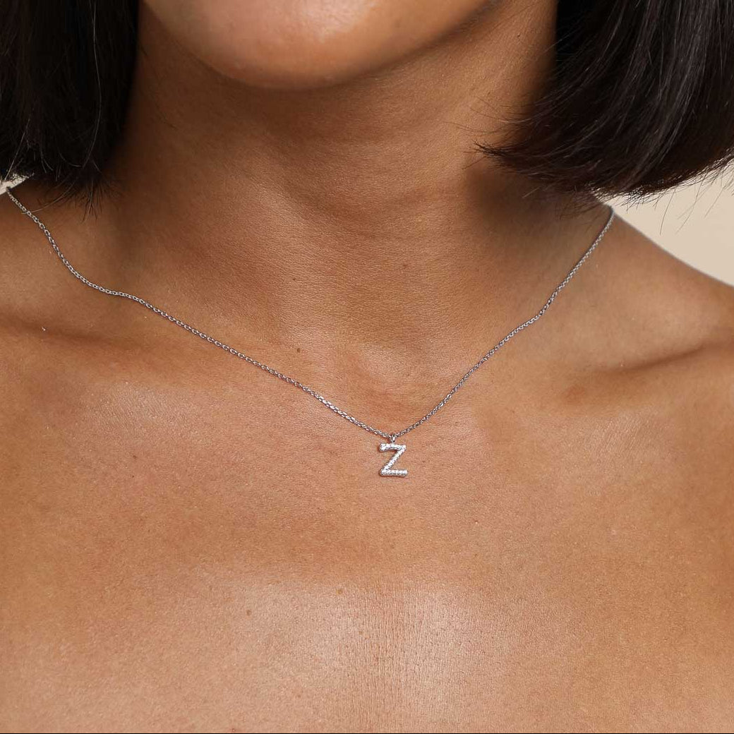 Gemstone Necklaces - Z Initial Pavé Pendant Necklace in Silver - Pendant Necklace - Astrid &amp; Miyu
