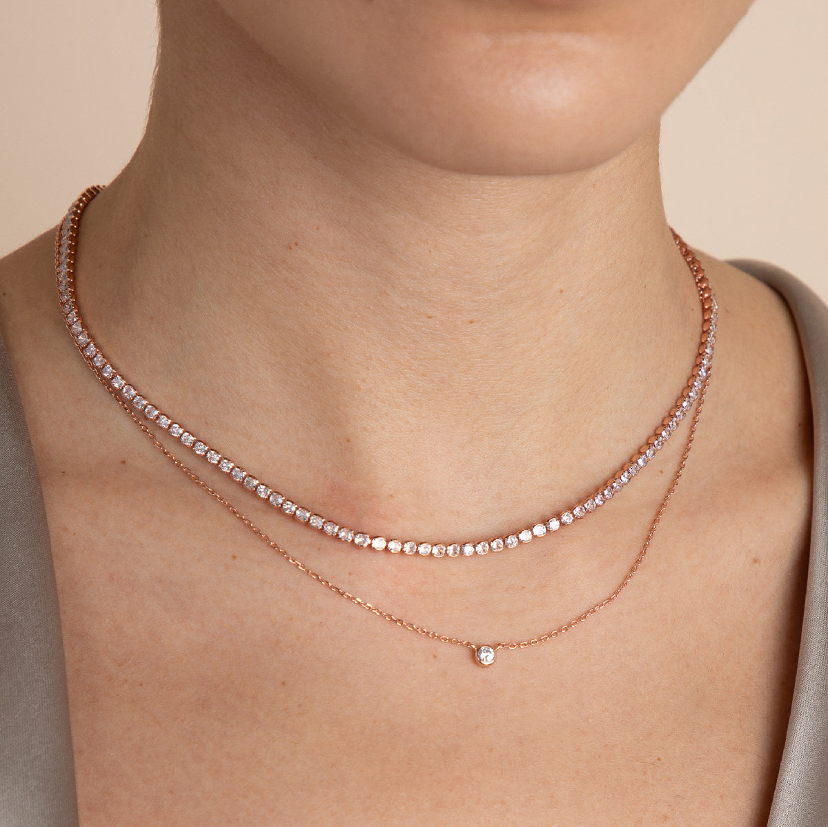 18k Rose Gold Plated Jewellery - Gleam Tennis Chain Necklace in Rose Gold - Chain Necklaces - Astrid &amp; Miyu