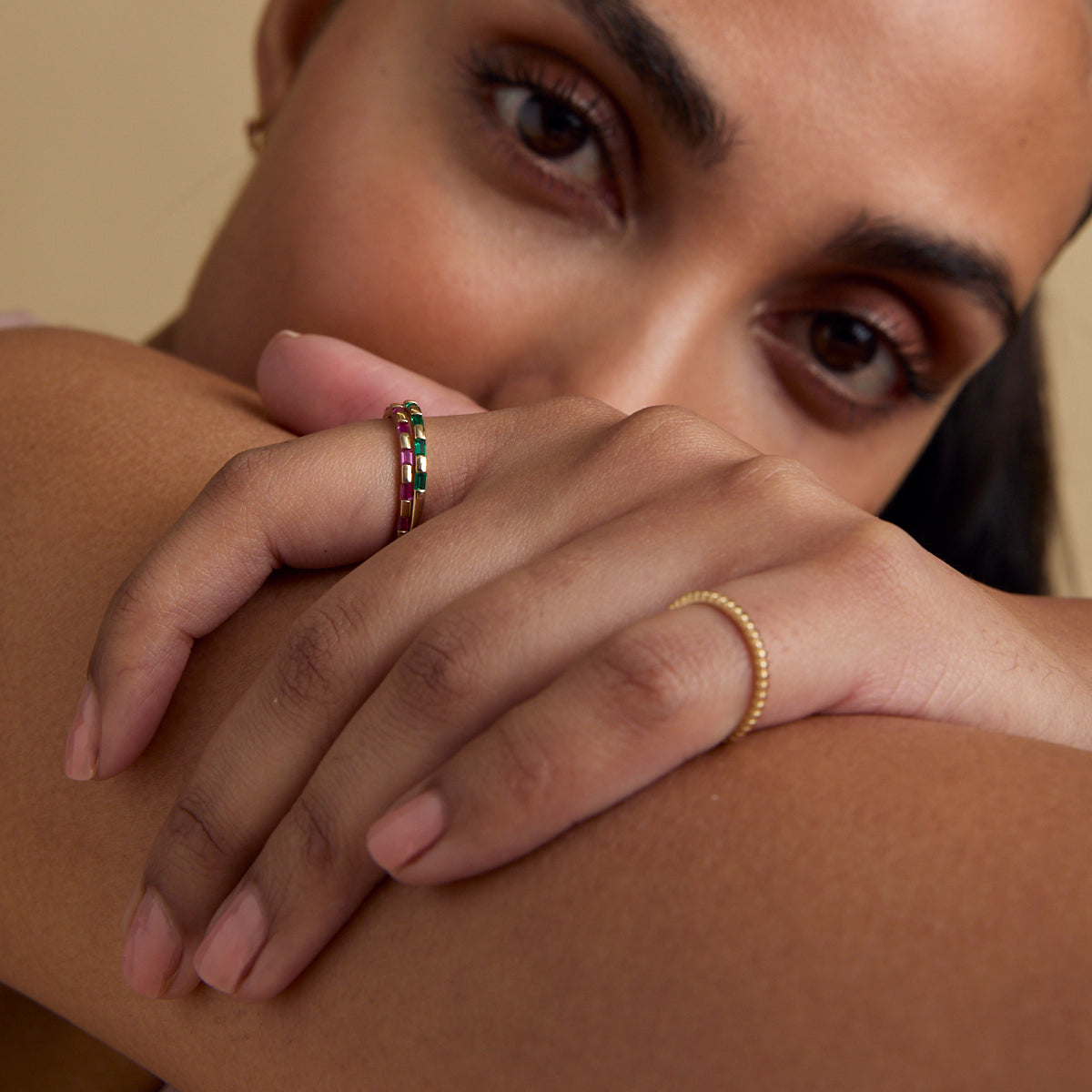 Lab-Grown Gemstones - Emerald Baguette Band Ring in Solid Gold - Band Rings - Astrid &amp; Miyu