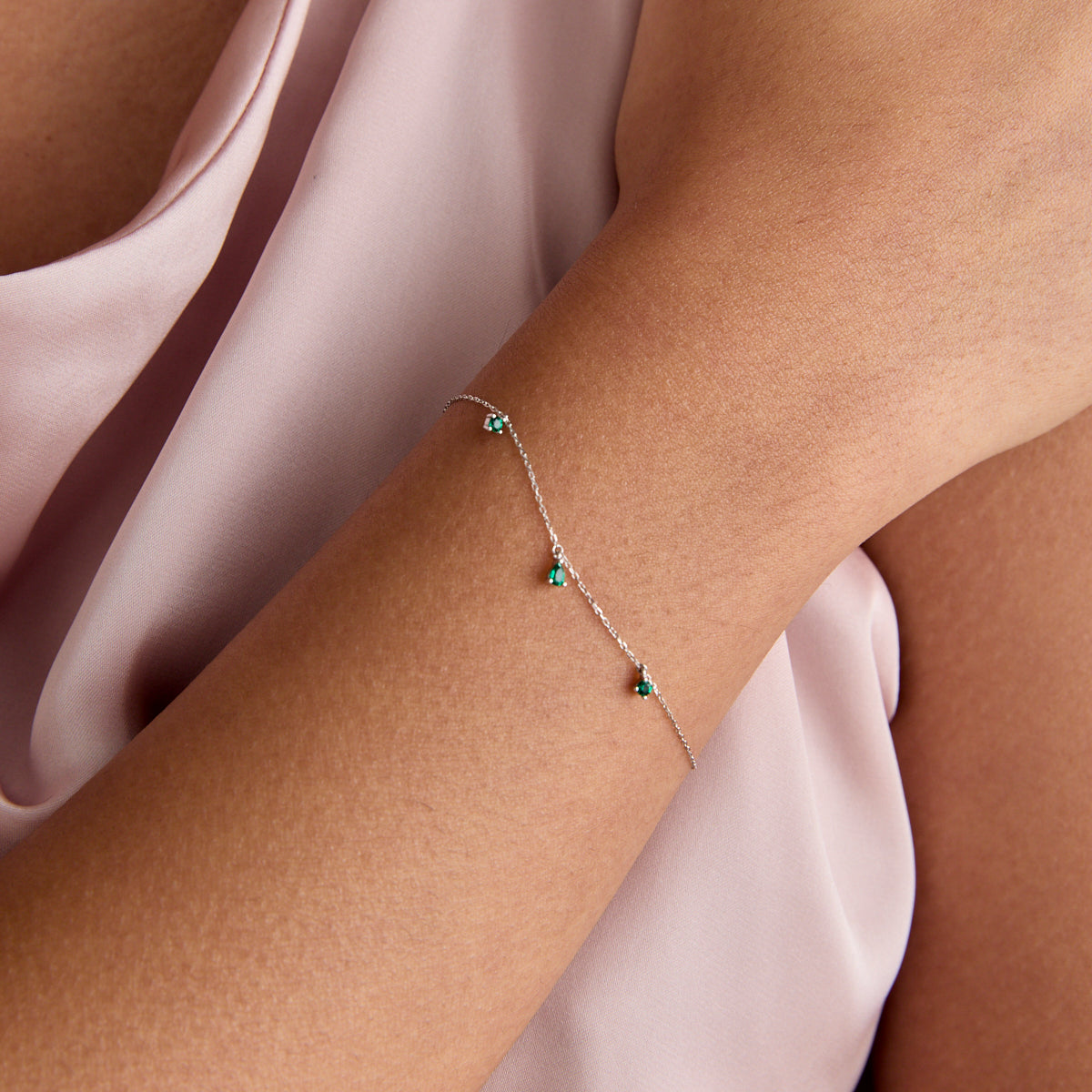 Bracelets - Emerald Charm Bracelet in Solid White Gold - Charm Bracelets - Astrid &amp; Miyu