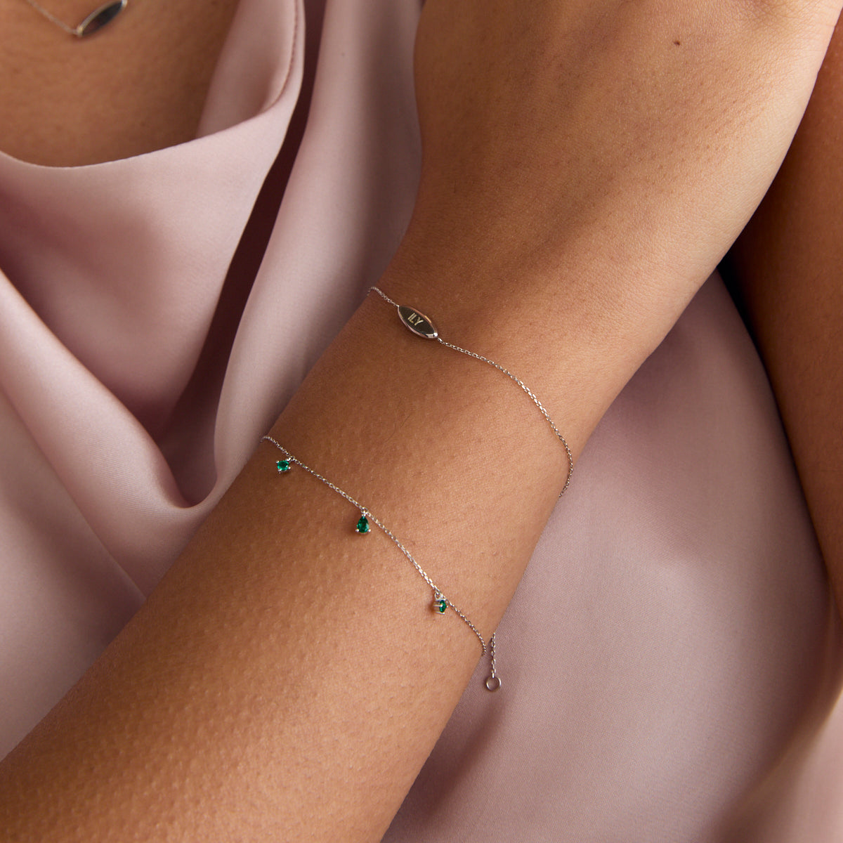 Bracelets - Emerald Charm Bracelet in Solid White Gold - Charm Bracelets - Astrid &amp; Miyu