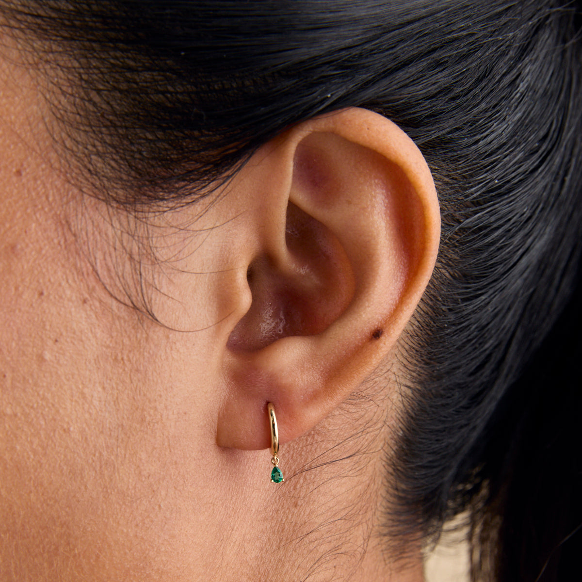 Earrings - Emerald Pear Charm Huggies in Solid Gold - Huggies - Astrid &amp; Miyu