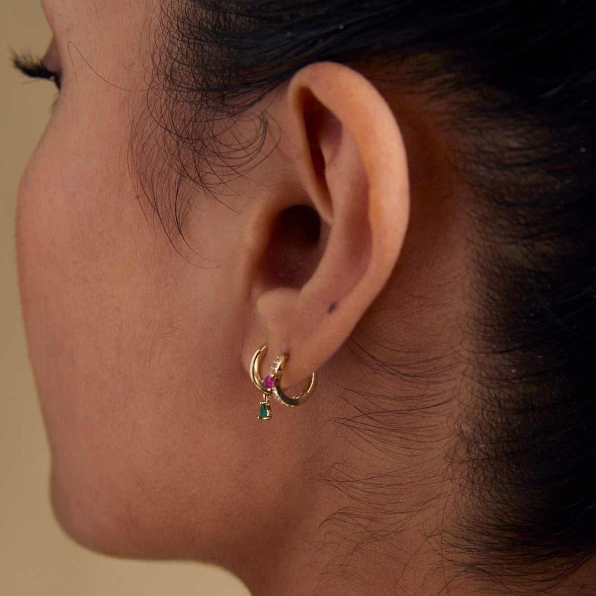 Earrings - Emerald Pear Charm Huggies in Solid Gold - Huggies - Astrid &amp; Miyu