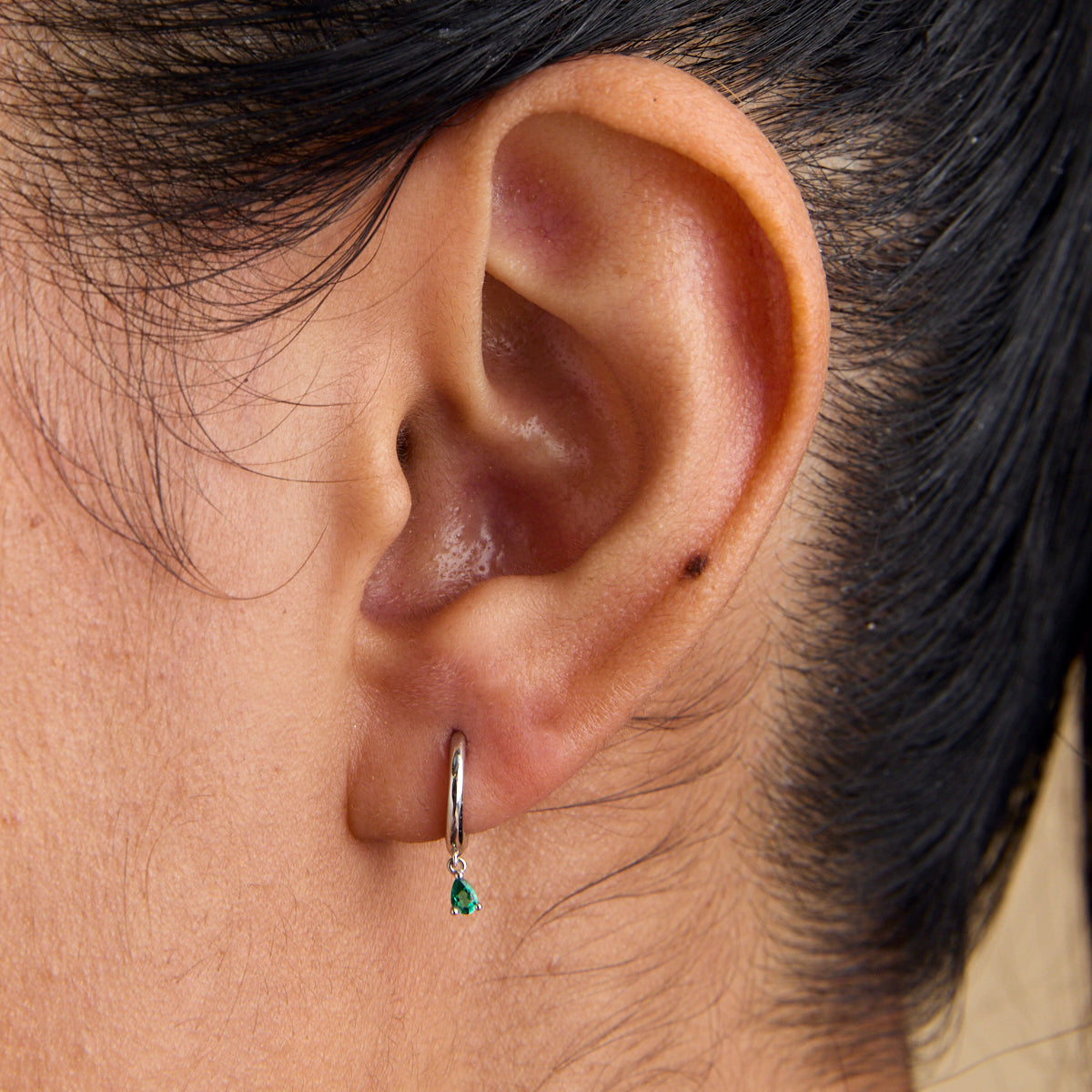 Earrings - Emerald Pear Charm Huggies in Solid White Gold - Huggies - Astrid &amp; Miyu