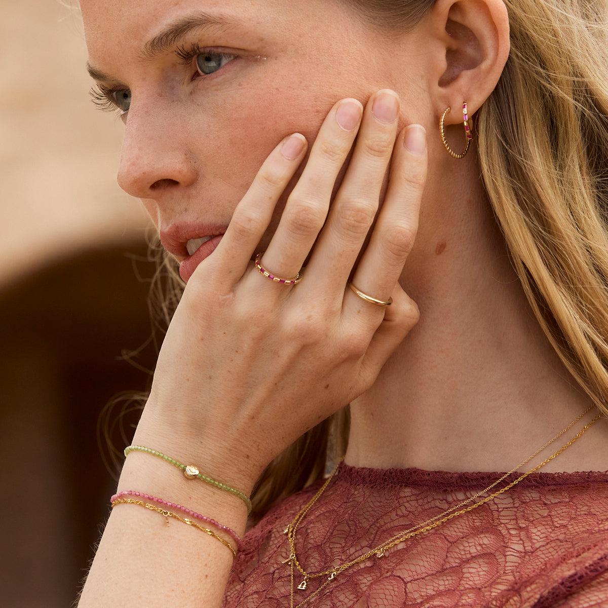 Lab-Grown Gemstones - Pink Sapphire Baguette Band Ring in Solid Gold - Band Rings - Astrid &amp; Miyu
