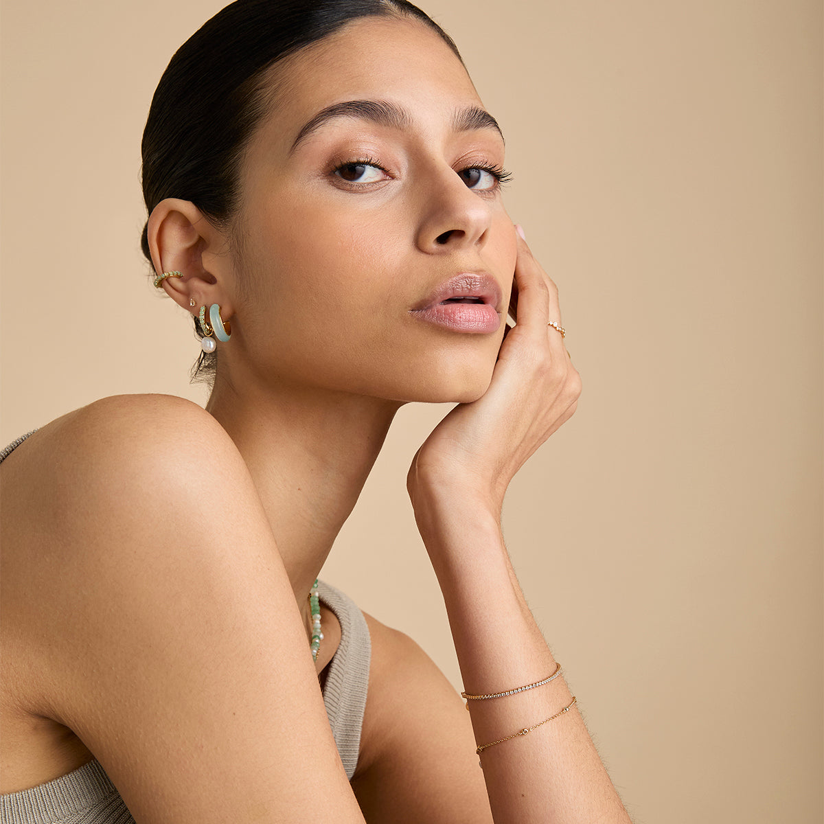 18k Gold Plated Jewellery - Aqua Chalcedony Carved Dome Hoops in Gold - Hoop Earrings - Astrid &amp; Miyu
