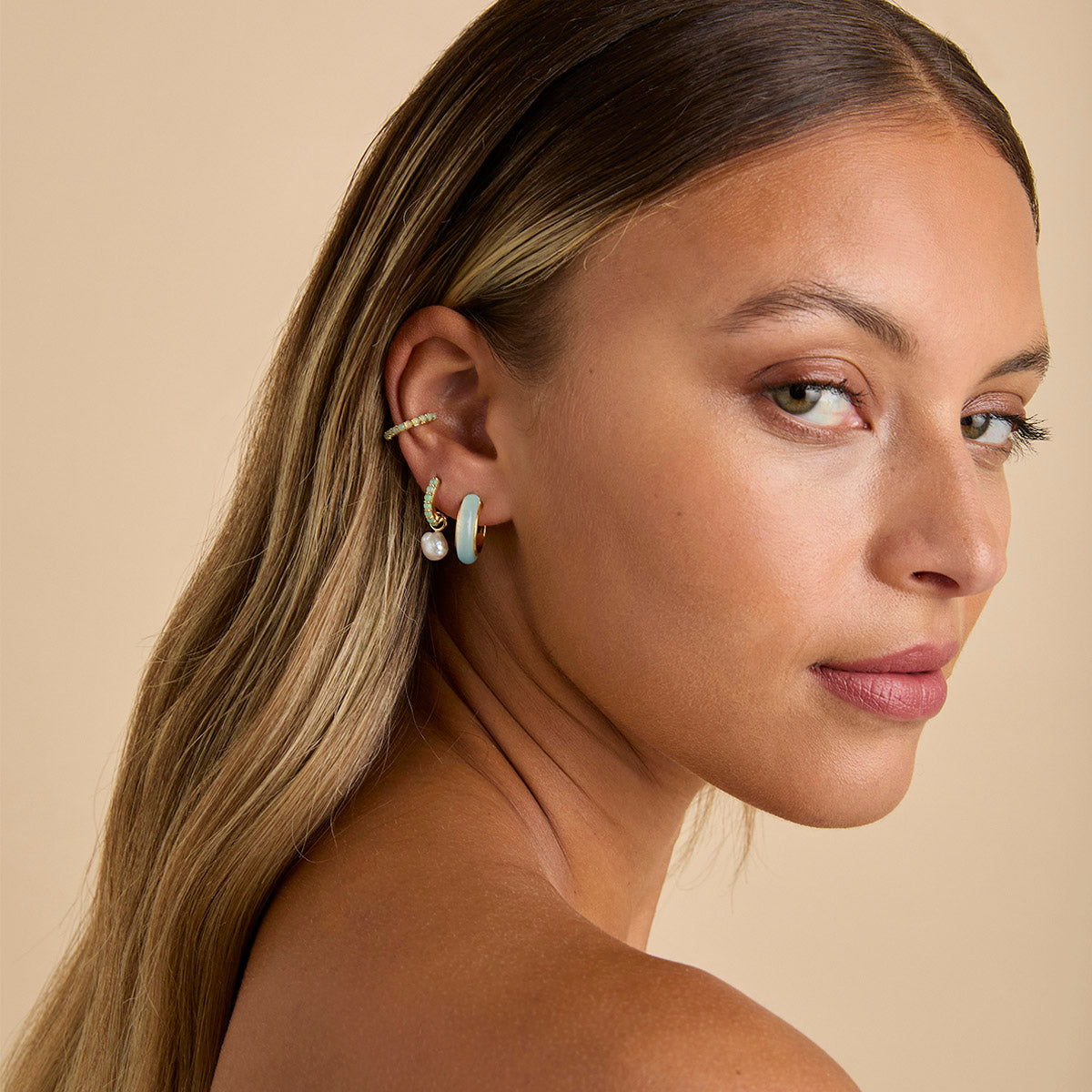 18k Gold Plated Jewellery - Aqua Chalcedony Carved Dome Hoops in Gold - Hoop Earrings - Astrid &amp; Miyu