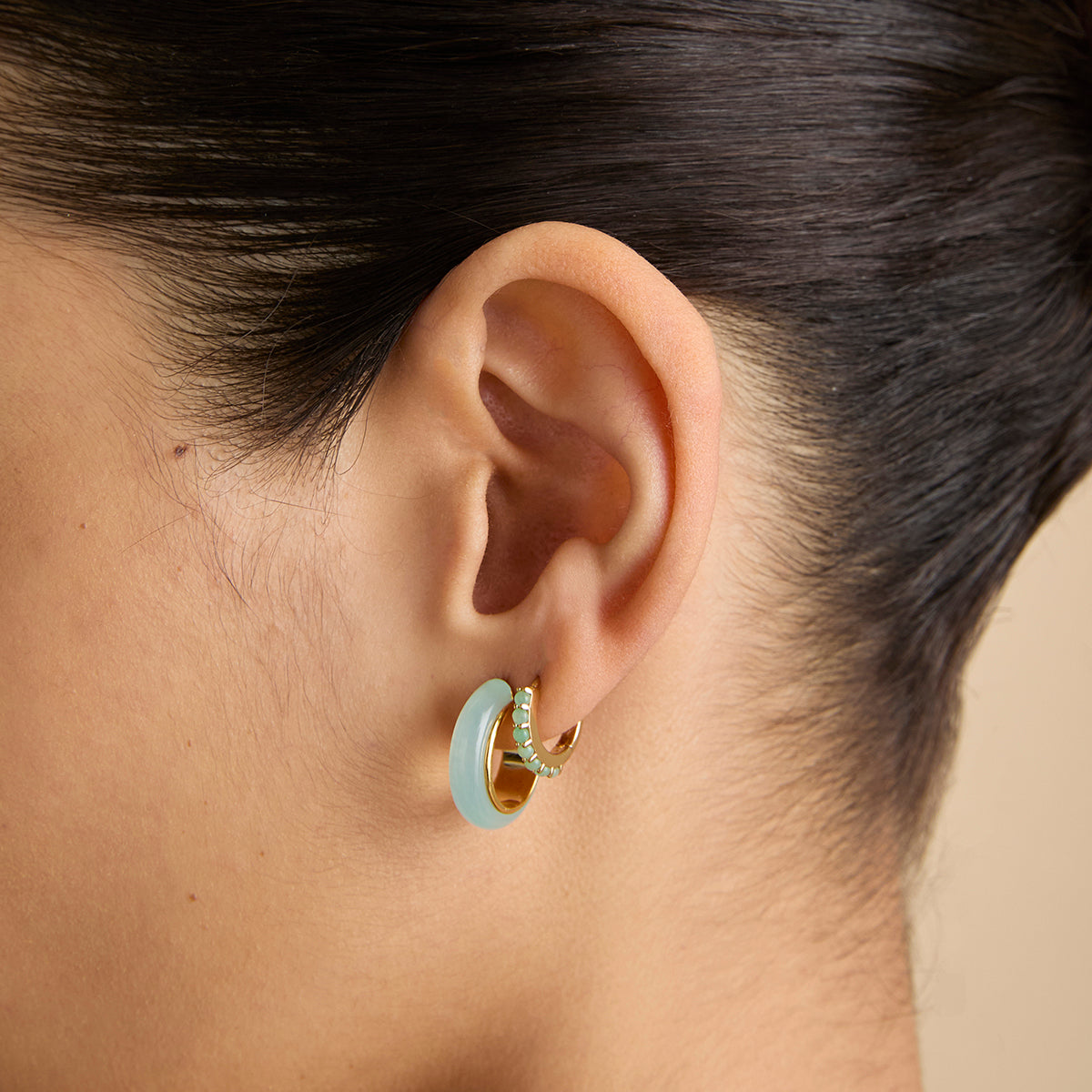 18k Gold Plated Jewellery - Aqua & Pearl Charm Huggies in Gold - Huggies - Astrid &amp; Miyu