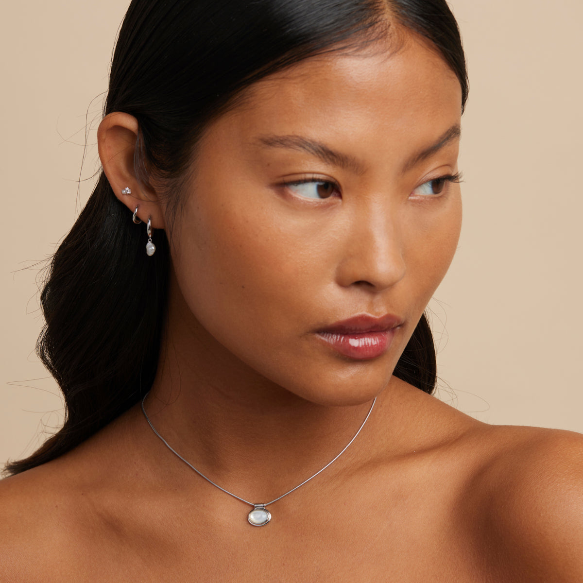 Earrings - Pearl Charm Huggies in Silver - Huggies - Astrid &amp; Miyu