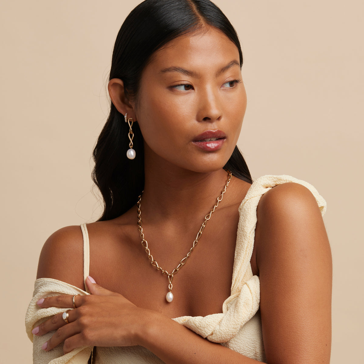 18k Gold Plated Jewellery - Infinite Pearl Drop Studs in Gold - Stud Earrings - Astrid &amp; Miyu
