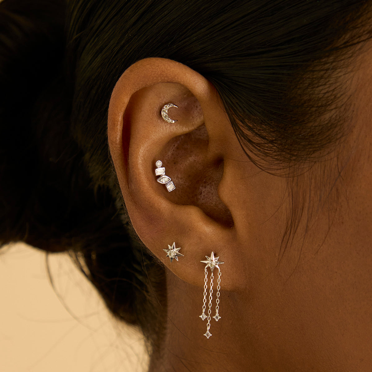 Earrings - Shooting Star Chain Drop Studs in Solid White Gold - Stud Earrings - Astrid &amp; Miyu