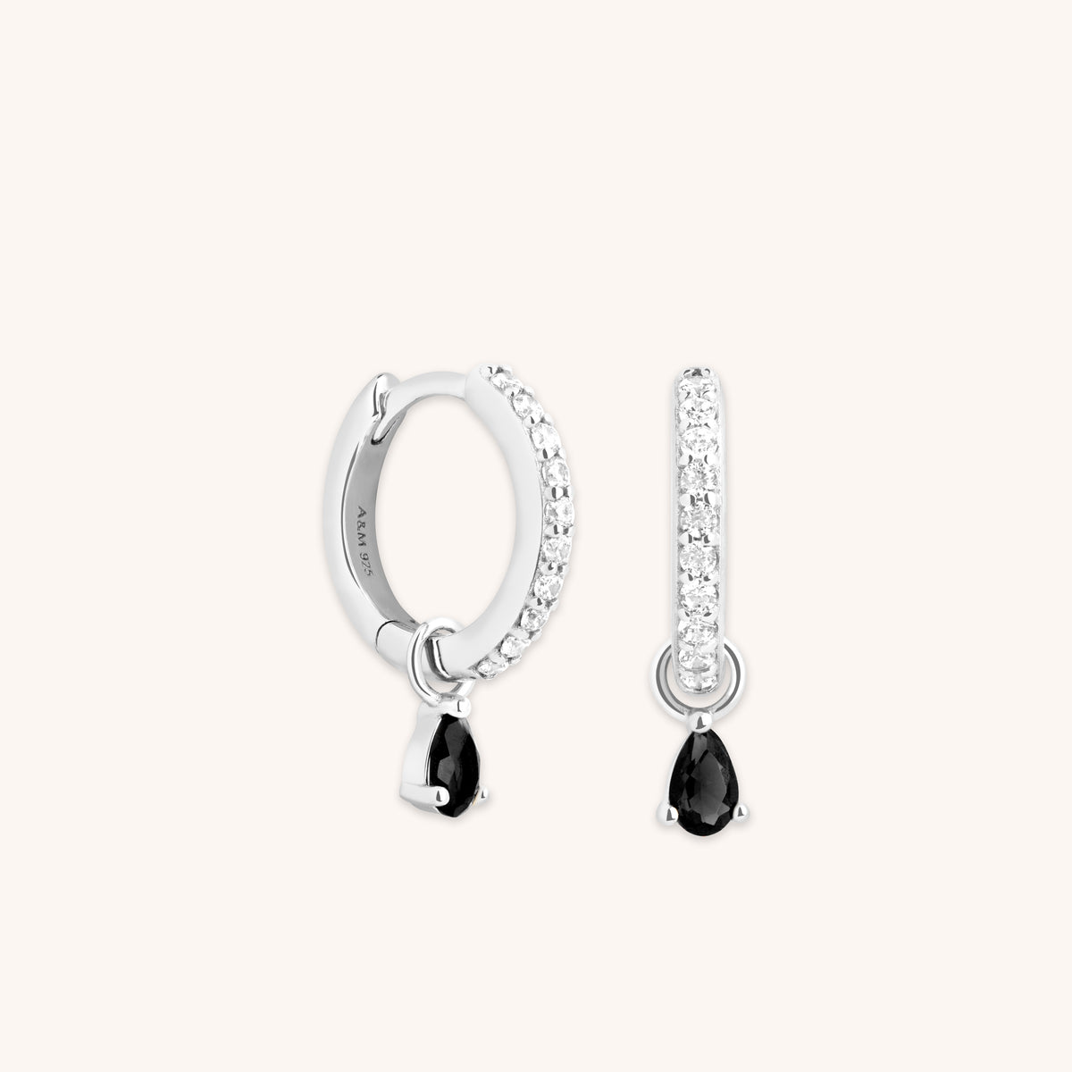 Black Pear Charm Huggies in Silver-Astrid &amp; Miyu