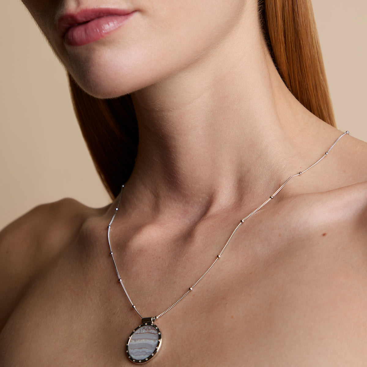 Blue Lace Agate Pendant Necklace in Silver-Astrid &amp; Miyu