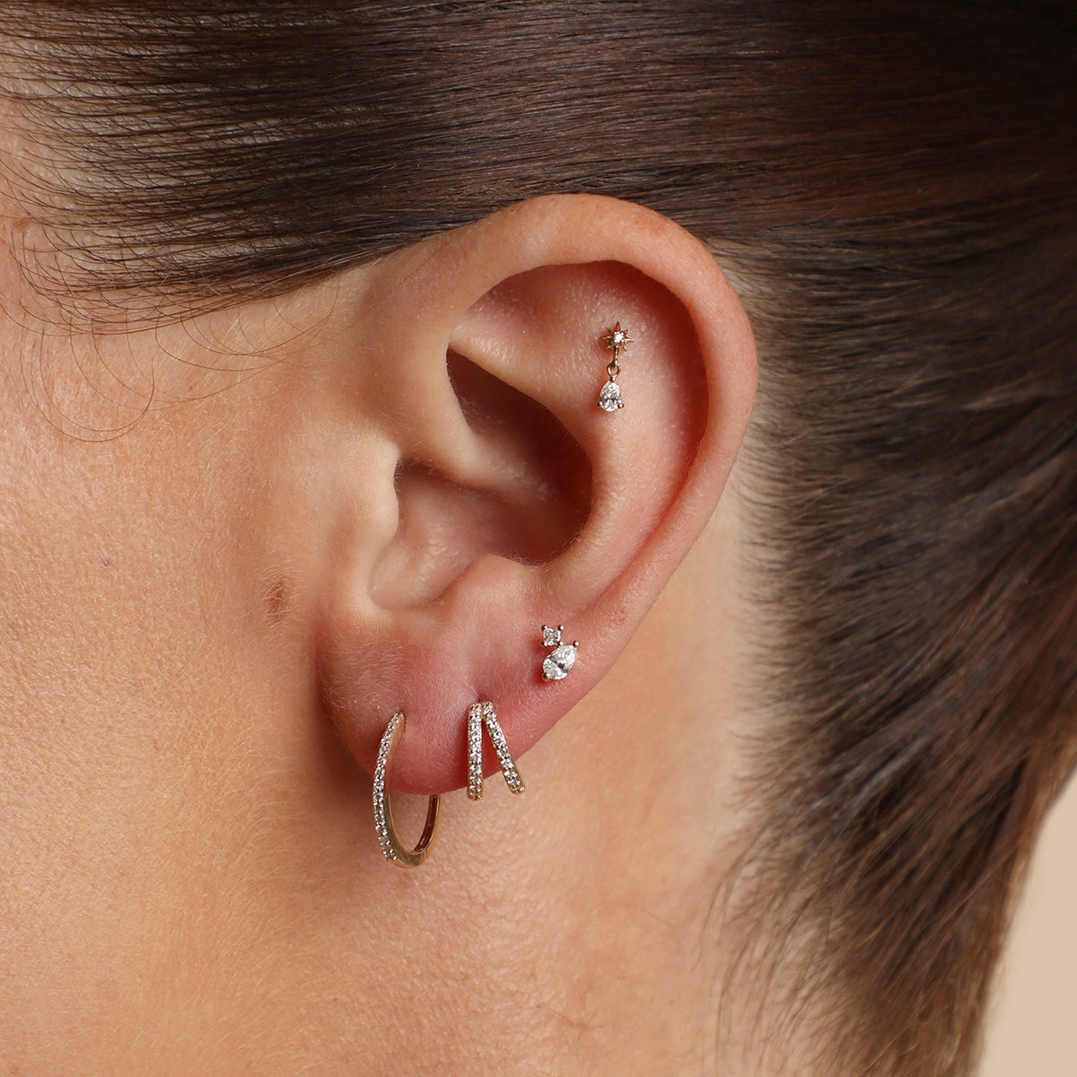 Diamond Double Gem Piercing Stud in Solid Gold-Astrid &amp; Miyu
