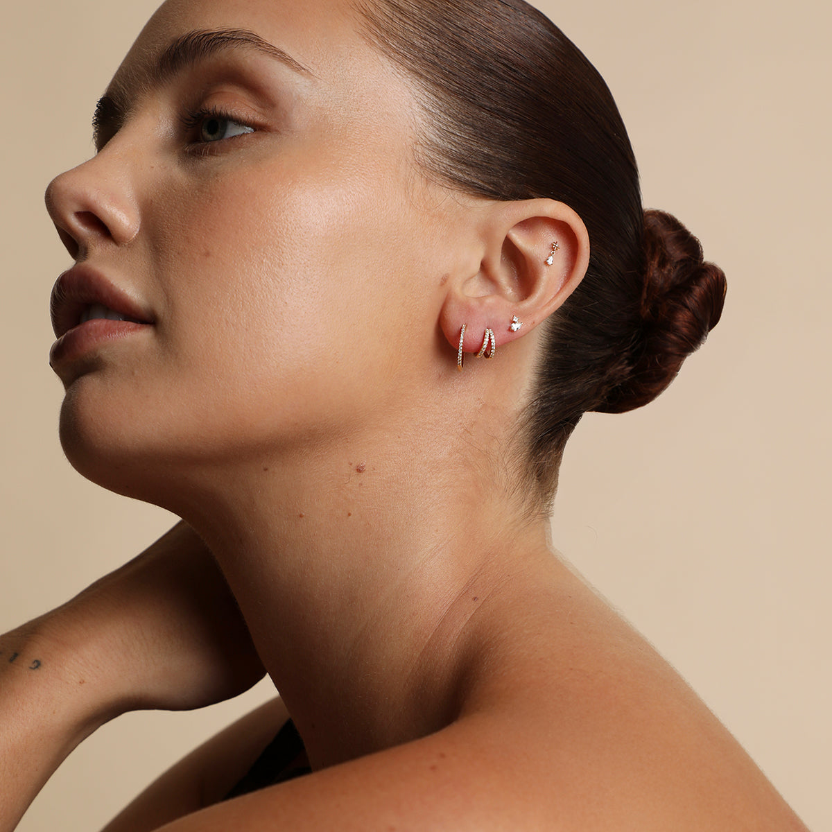 Diamond Double Gem Piercing Stud in Solid Gold-Astrid &amp; Miyu