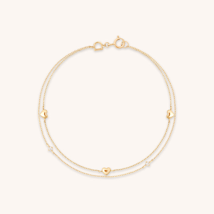 Bracelets - Heart Charm Double Chain Bracelet in Solid Gold - Charm Bracelets - Astrid &amp; Miyu