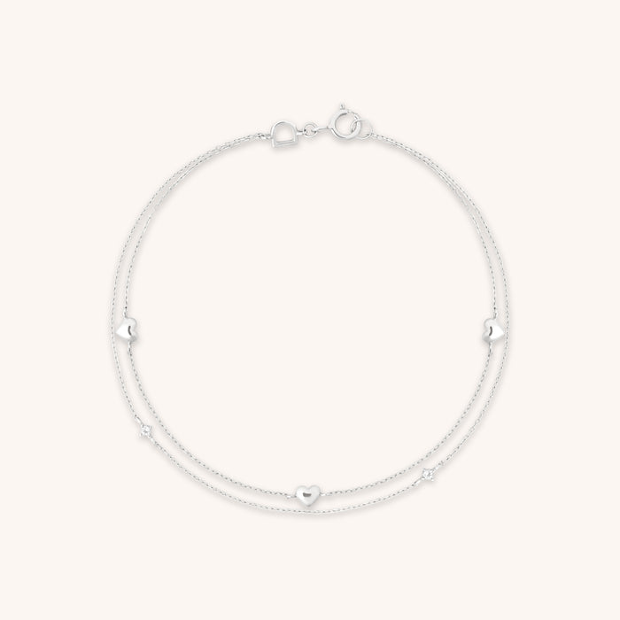 Bracelets - Heart Charm Double Chain Bracelet in Solid White Gold - Charm Bracelets - Astrid &amp; Miyu